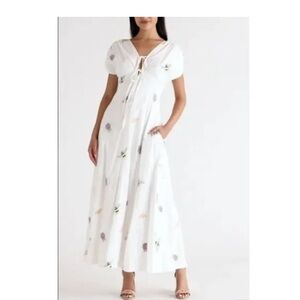 CIEBON Selma Embroidered Neck Maxi Dress in White-light weight
